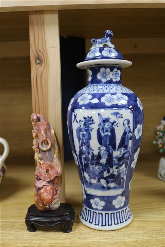 A Chinese blue and white vase and a soapstone carving vase height 29cm